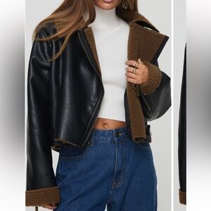 Princess Poly Faux Leather Crop Jacket with Faux Shearling Trim